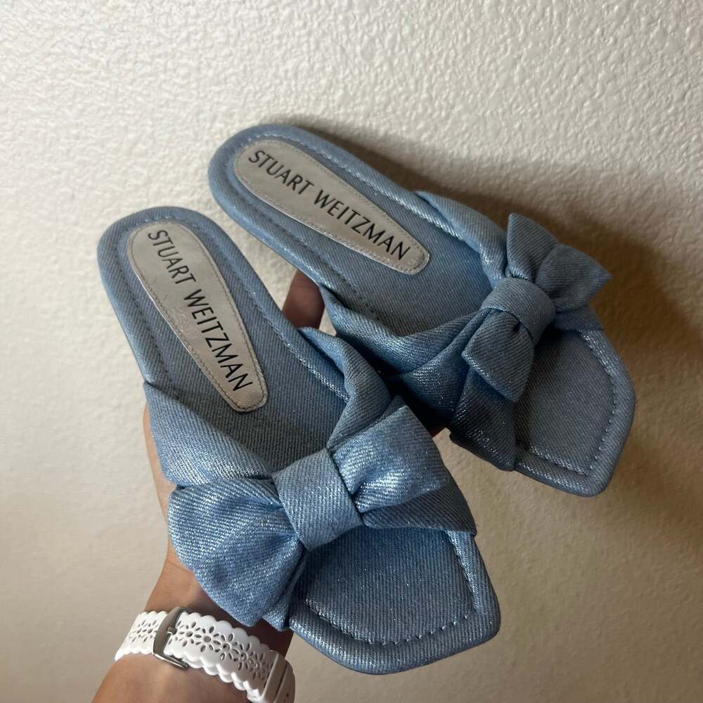 Stuart Weitzman Sofia Knotted Bow Slide Sandals blue metallic denim WOMENS 5.5